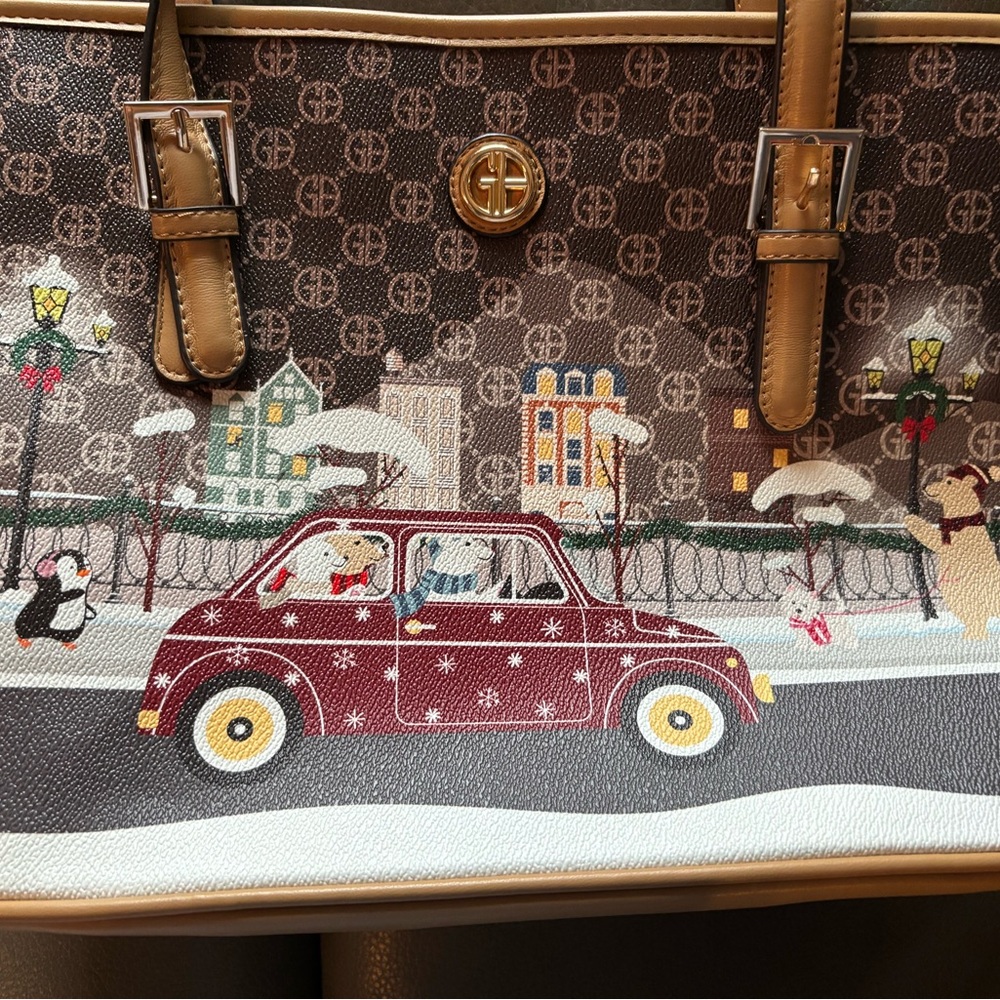 Giani Bernini Brown and Tan Tote with Winter Scene